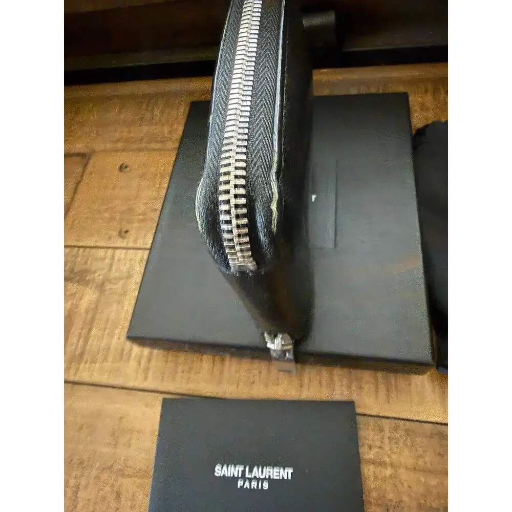 Saint Laurent Wallet Men's Black Leather Zip Around Bifold Coin Pocket W/Box